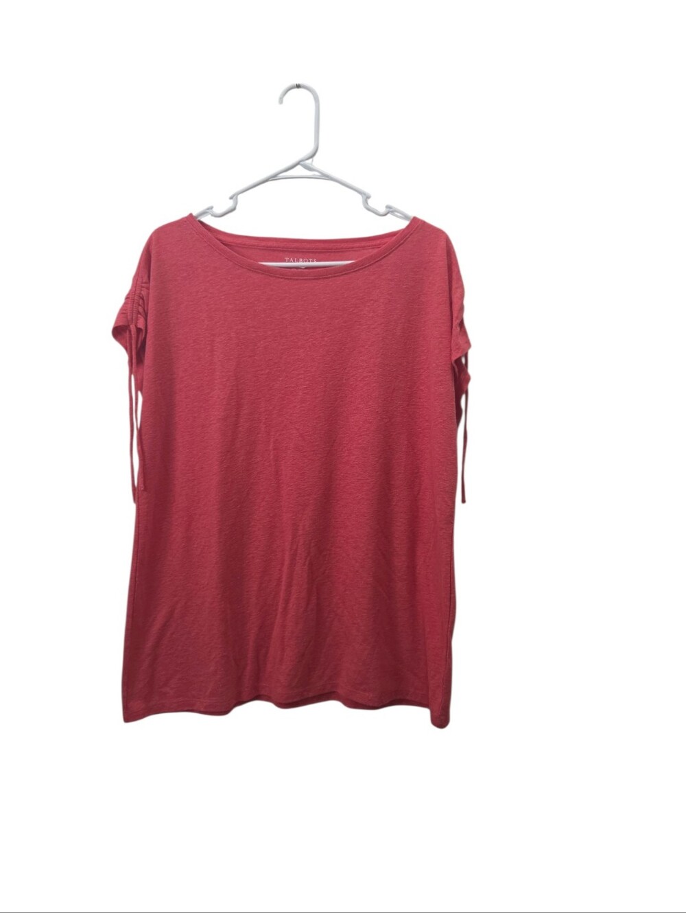 Talbots Linen Blend Drawstring Sleeve Top XL Coral Pink Short Sleeve Summer Tee